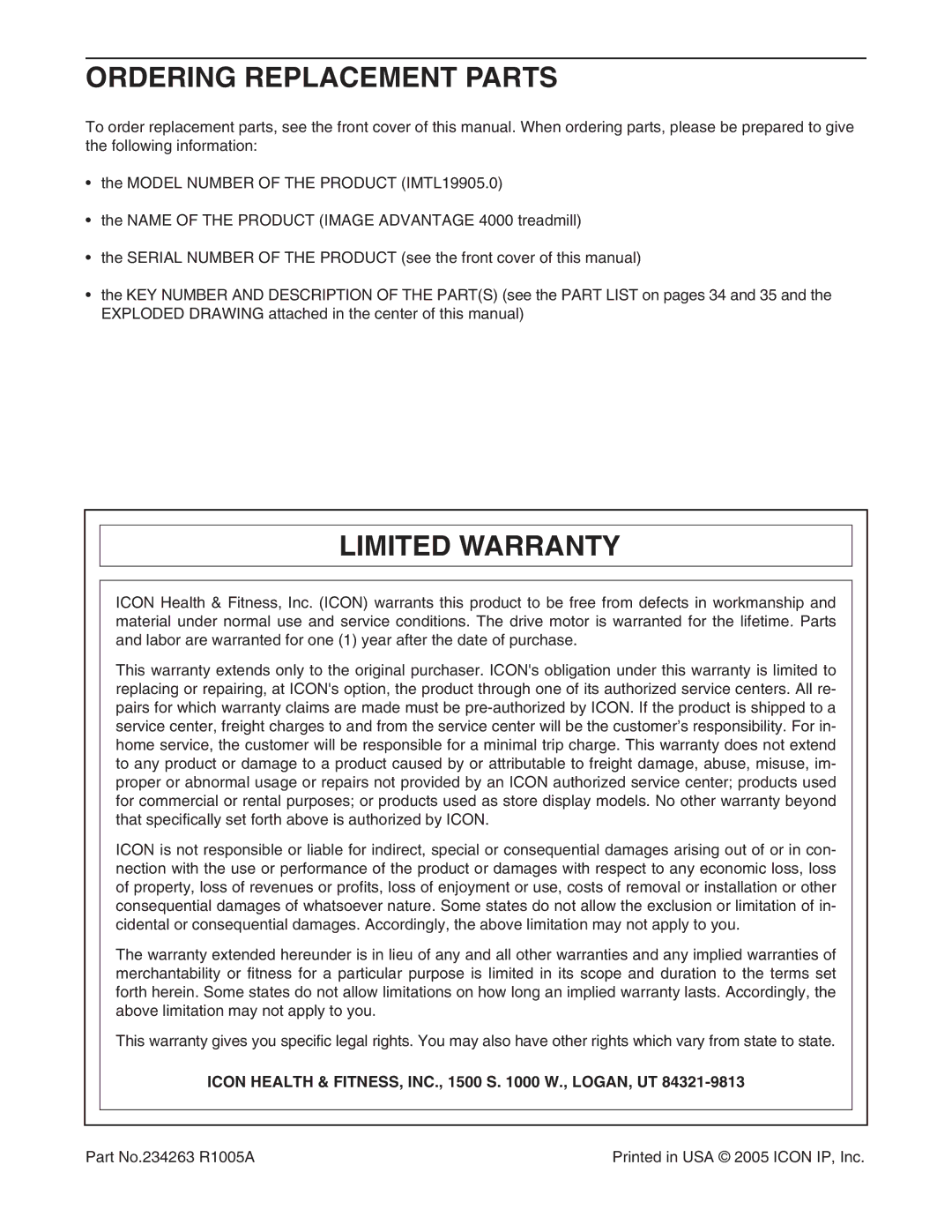 Image IMTL19905 user manual Ordering Replacement Parts, Limited Warranty, Icon Health & FITNESS, INC., 1500 S W., LOGAN, UT 