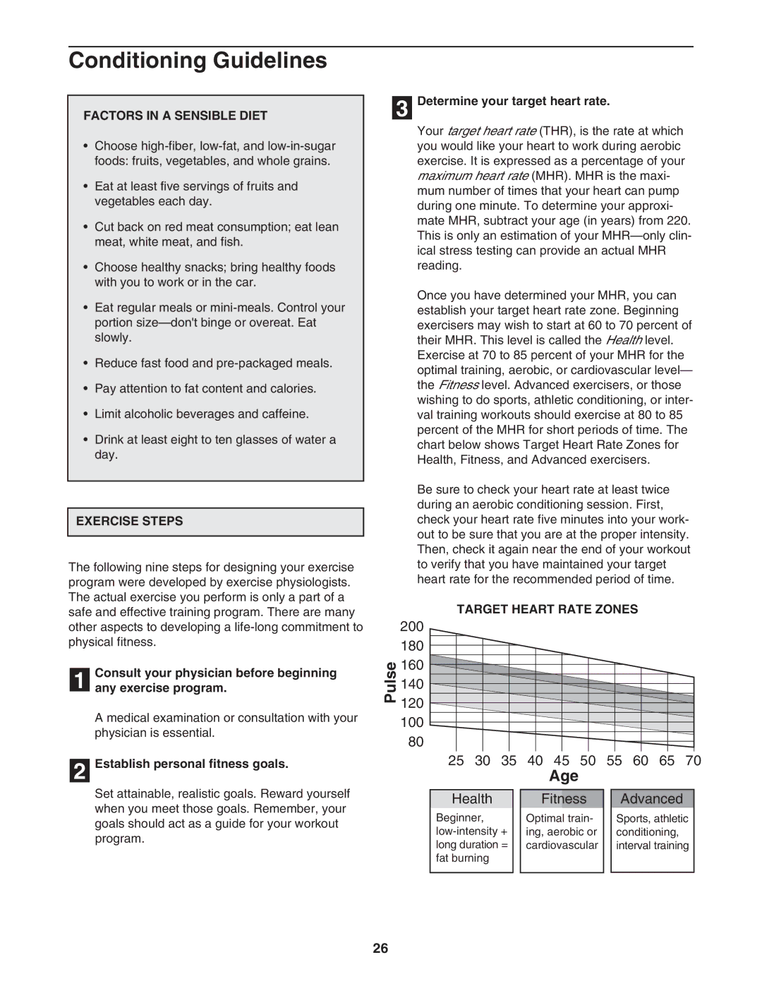 Image IMTL24490 user manual Conditioning Guidelines, Factors in a Sensible Diet, Exercise Steps, Target Heart Rate Zones 