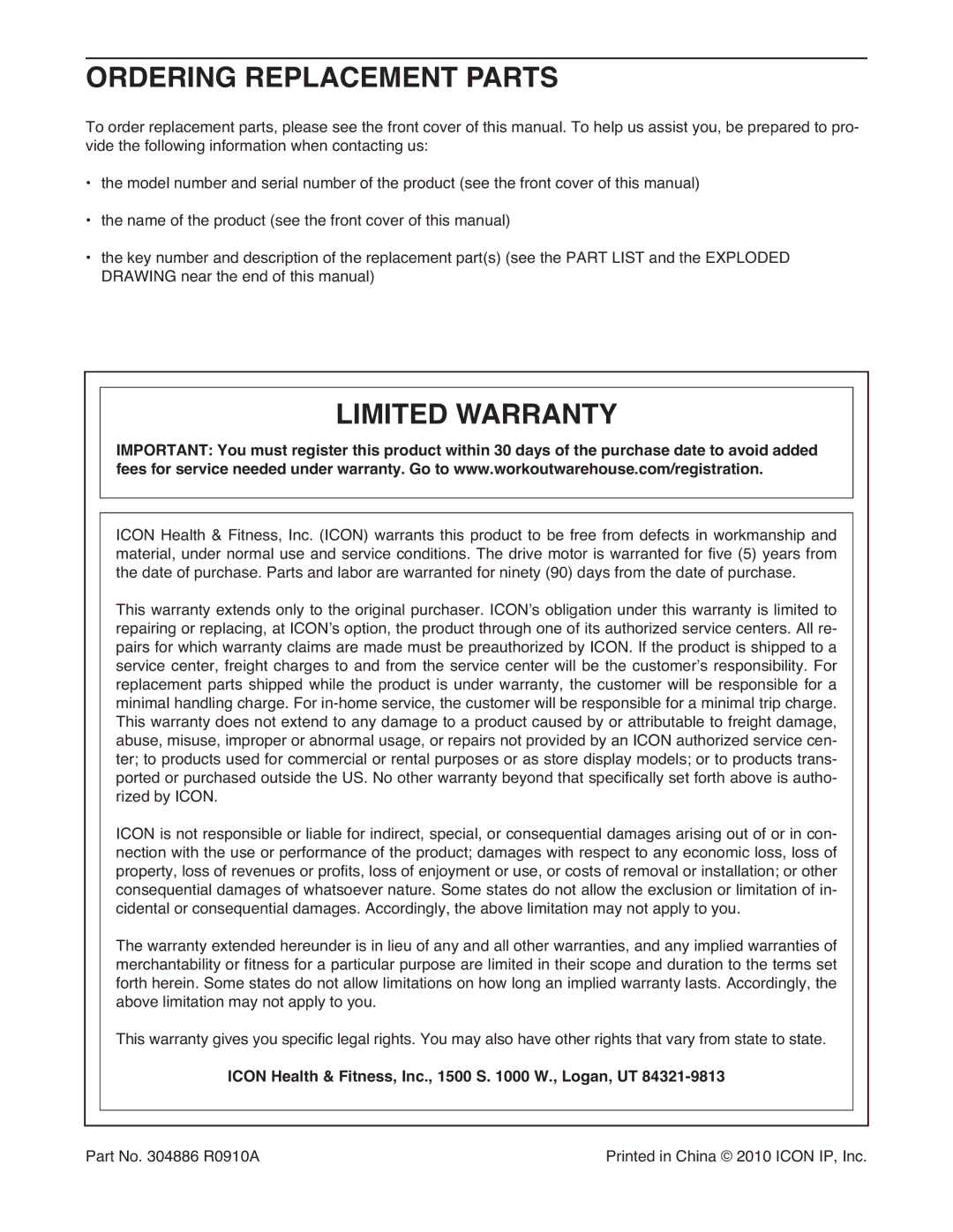 Image IMTL30510.0 warranty Ordering Replacement Parts, Limited Warranty, Icon Health & Fitness, Inc., 1500 S W., Logan, UT 