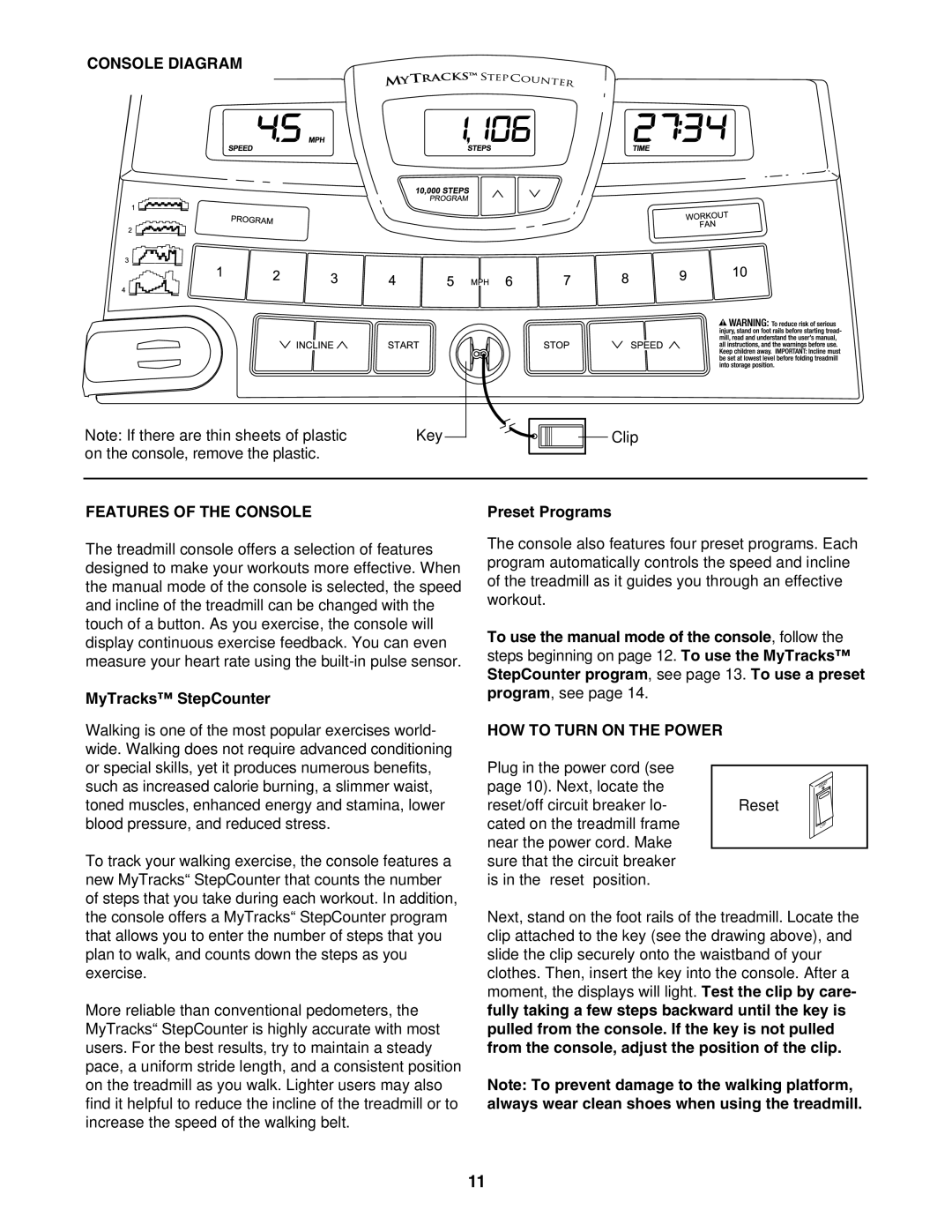 Image IMTL39105.0 user manual Console Diagram, Features of the Console, MyTracks StepCounter, Preset Programs 