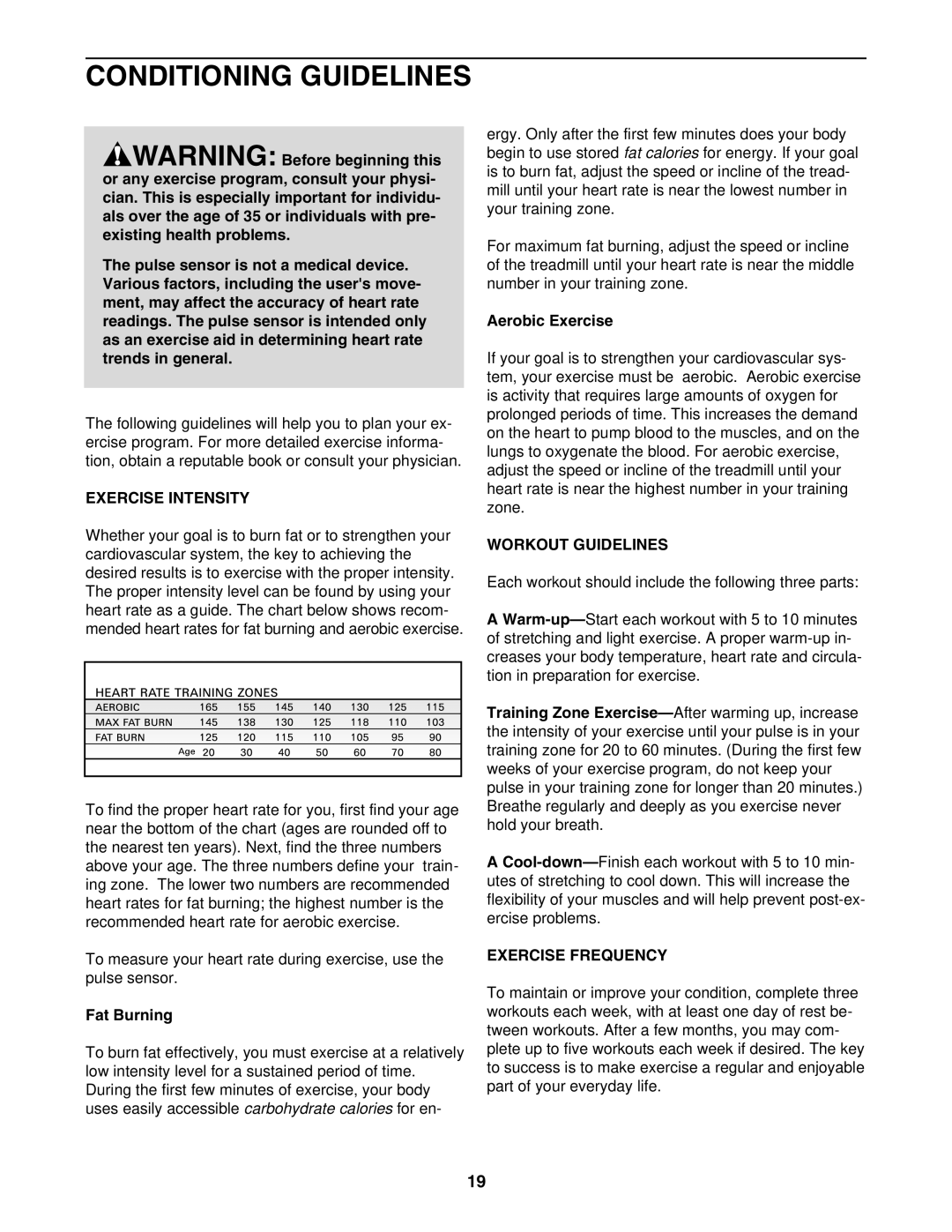 Image IMTL39105.0 user manual Conditioning Guidelines, Exercise Intensity, Workout Guidelines, Exercise Frequency 