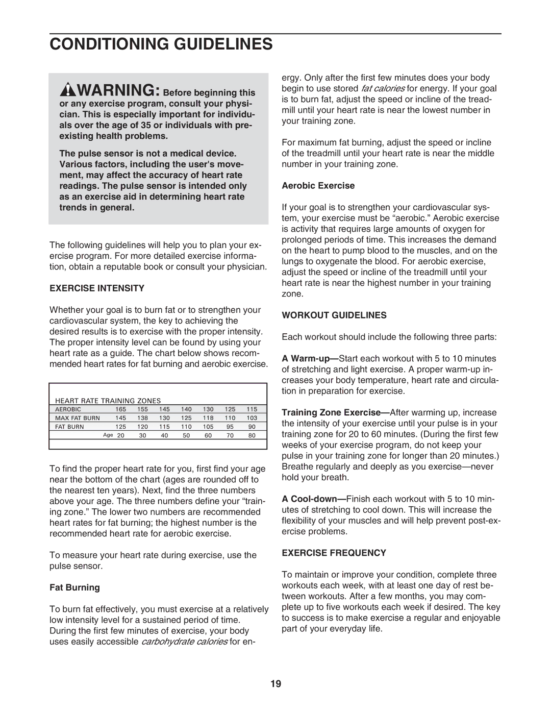 Image IMTL39105.1 user manual Conditioning Guidelines, Exercise Intensity, Workout Guidelines, Exercise Frequency 