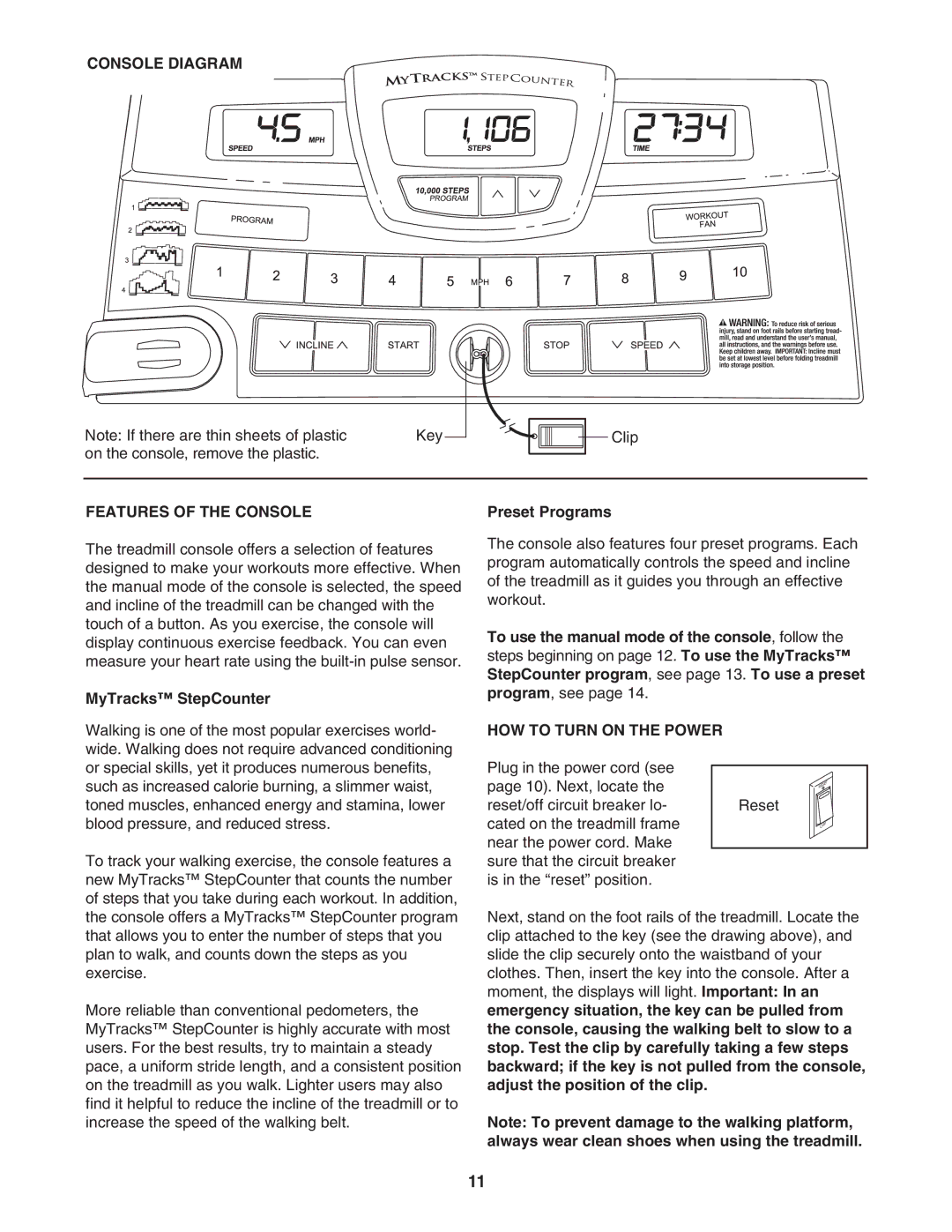 Image IMTL39105.2 user manual Console Diagram, Features of the Console, MyTracks StepCounter, Preset Programs 