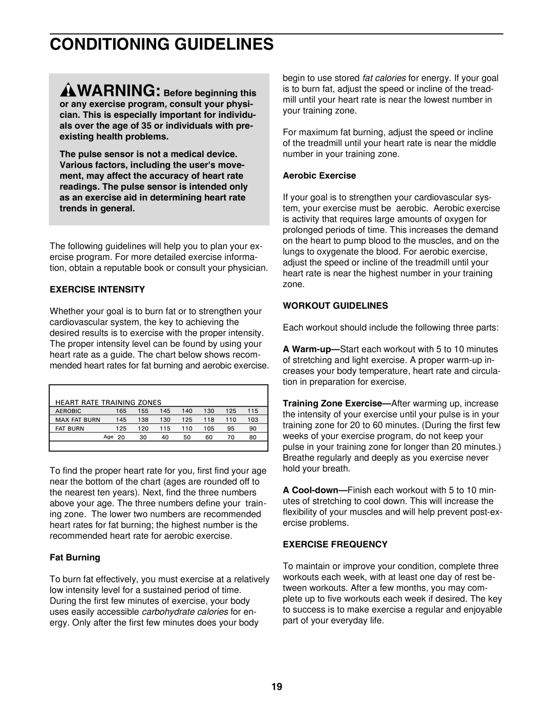 Image IMTL39105.2 user manual Conditioning Guidelines, Exercise Intensity, Workout Guidelines, Exercise Frequency 