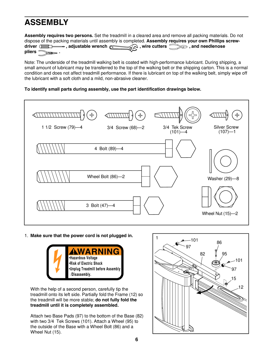 Image IMTL39526 user manual Assembly, Driver Adjustable wrench Wire cutters, Make sure that the power cord is not plugged 