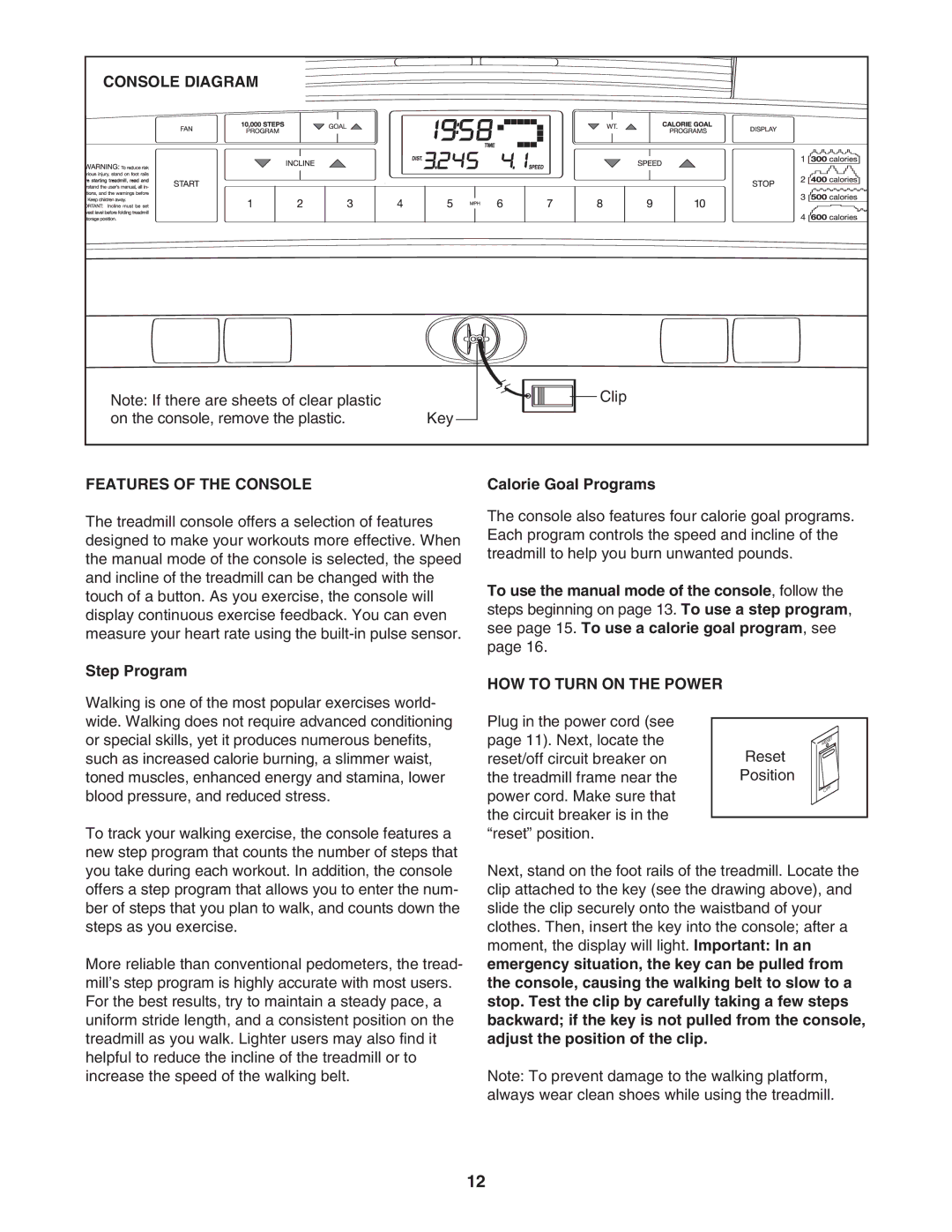 Image IMTL39606.2 Console Diagram, Features of the Console, Step Program, Calorie Goal Programs, HOW to Turn on the Power 