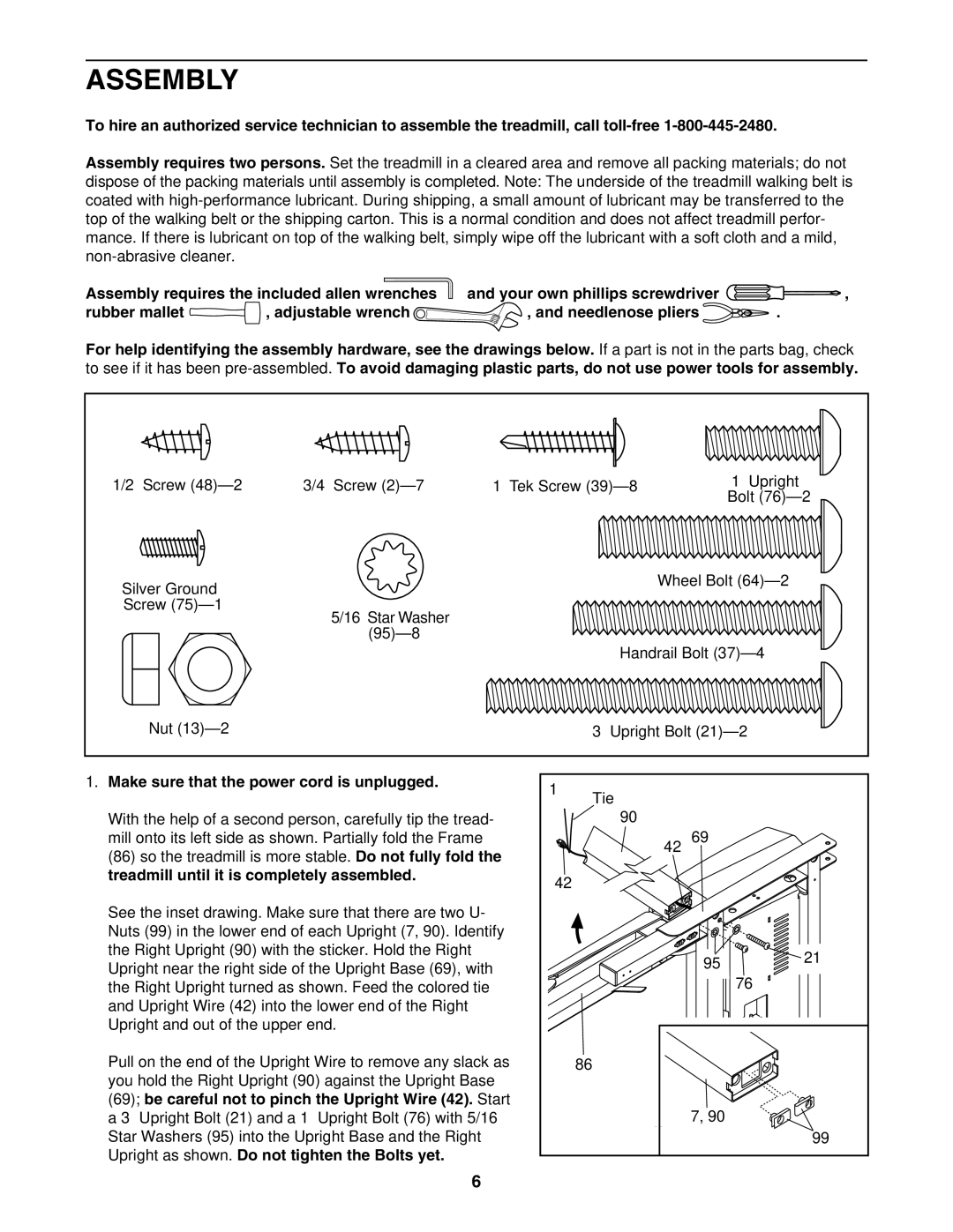 Image IMTL39906.0 Assembly, Make sure that the power cord is unplugged, Treadmill until it is completely assembled 