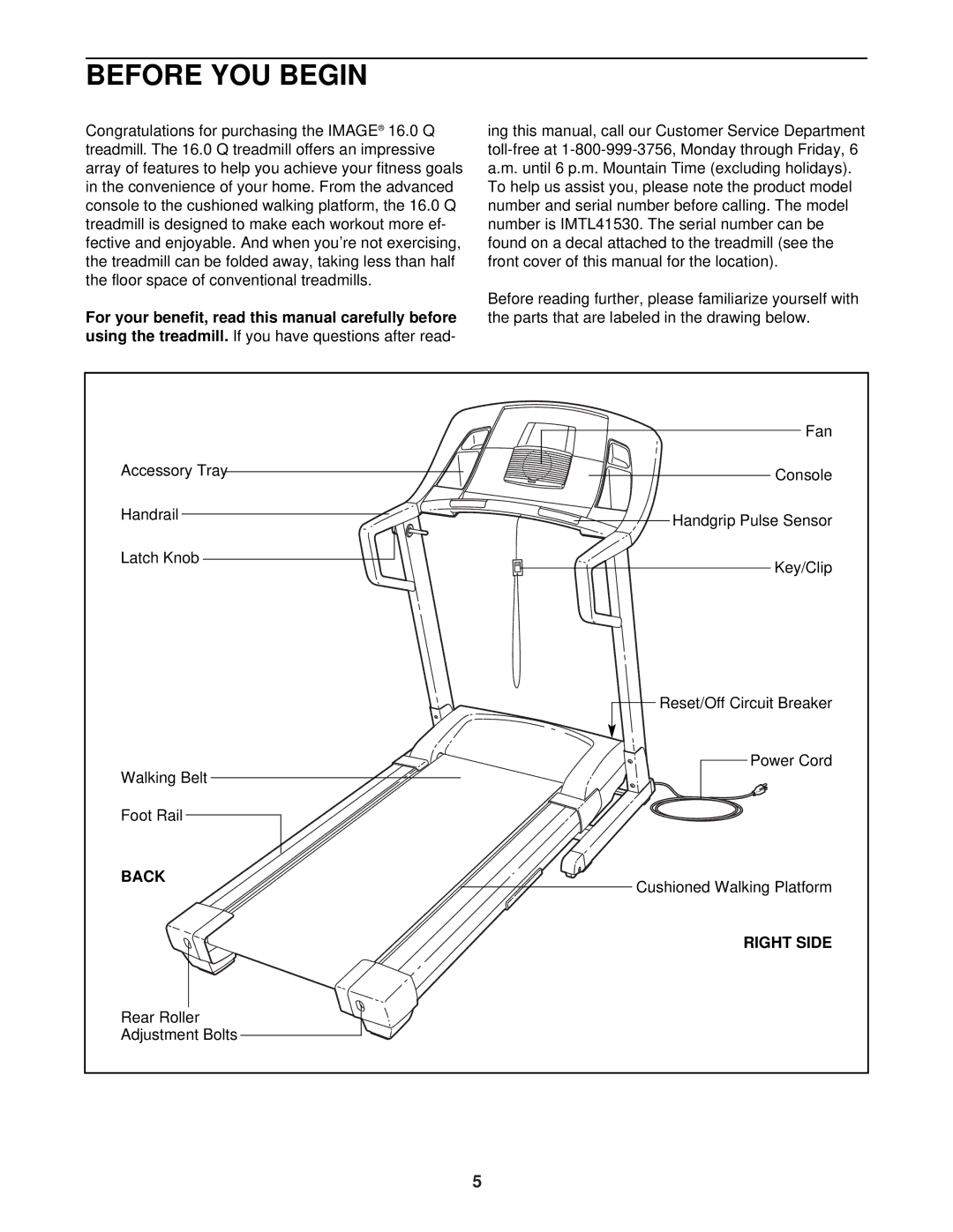 Image IMTL41530 user manual Before YOU Begin, Using the treadmill, Back 