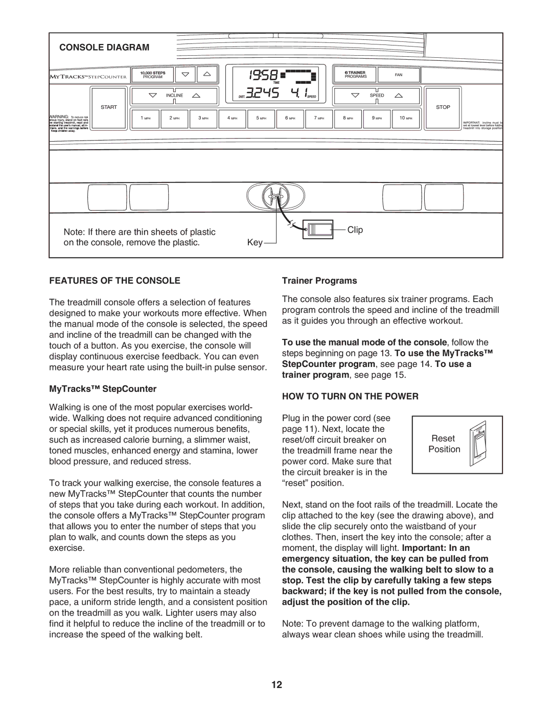 Image IMTL49105.0 user manual Console Diagram, Features of the Console, MyTracks StepCounter, Trainer Programs 