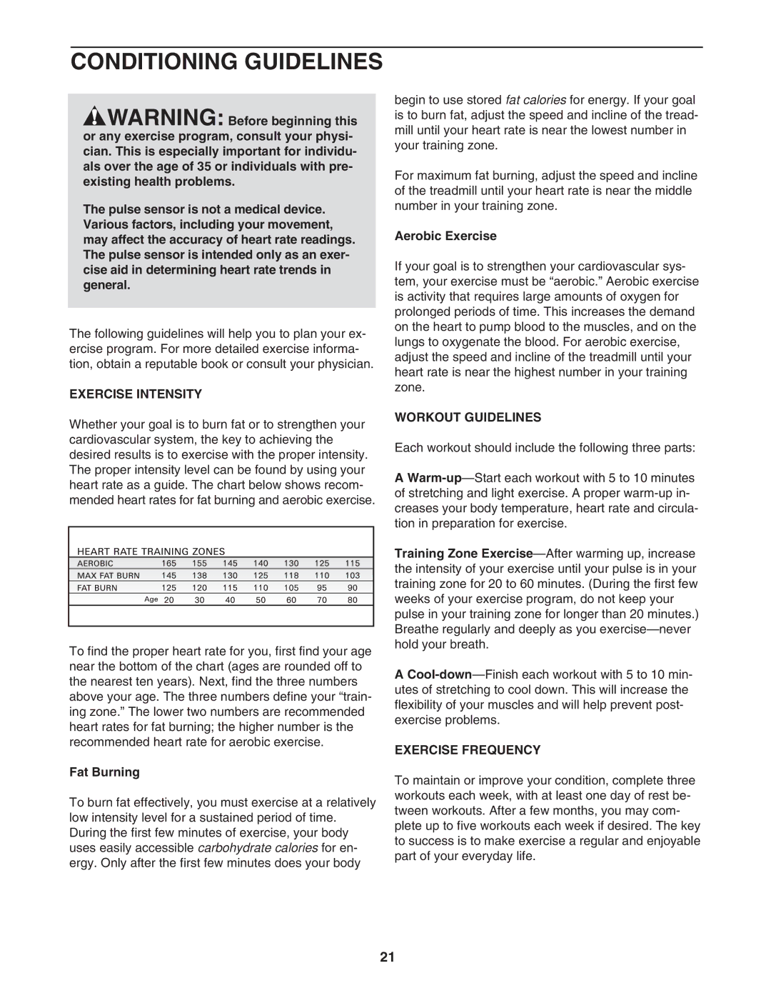 Image IMTL49105.0 user manual Conditioning Guidelines, Exercise Intensity, Workout Guidelines, Exercise Frequency 