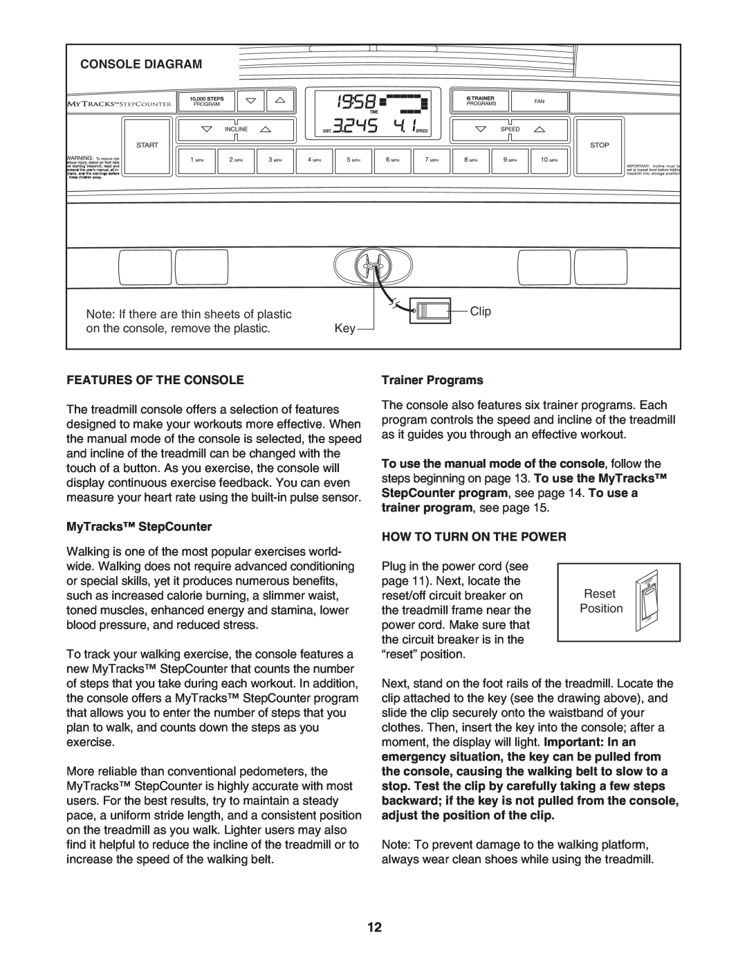Image IMTL49105.0 user manual Console Diagram, Features Of The Console, MyTracks StepCounter, Trainer Programs 