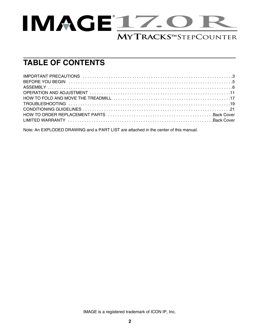Image IMTL49105.0 user manual Table Of Contents, IMAGE is a registered trademark of ICON IP, Inc 