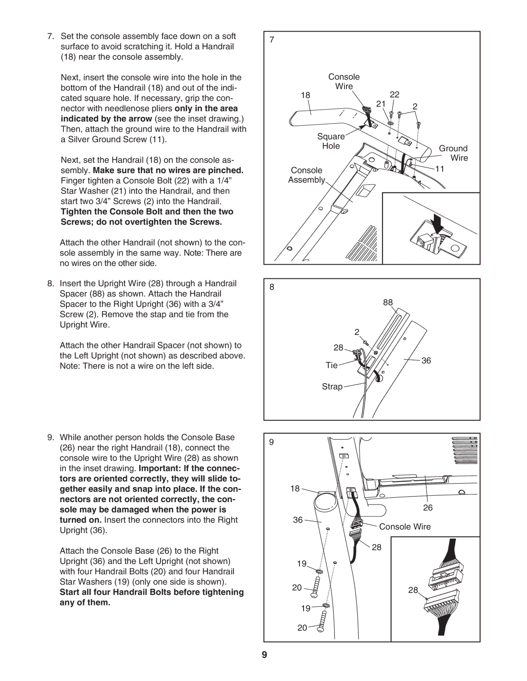 Image IMTL49606.0 Sembly. Make sure that no wires are pinched, Start all four Handrail Bolts before tightening Any of them 