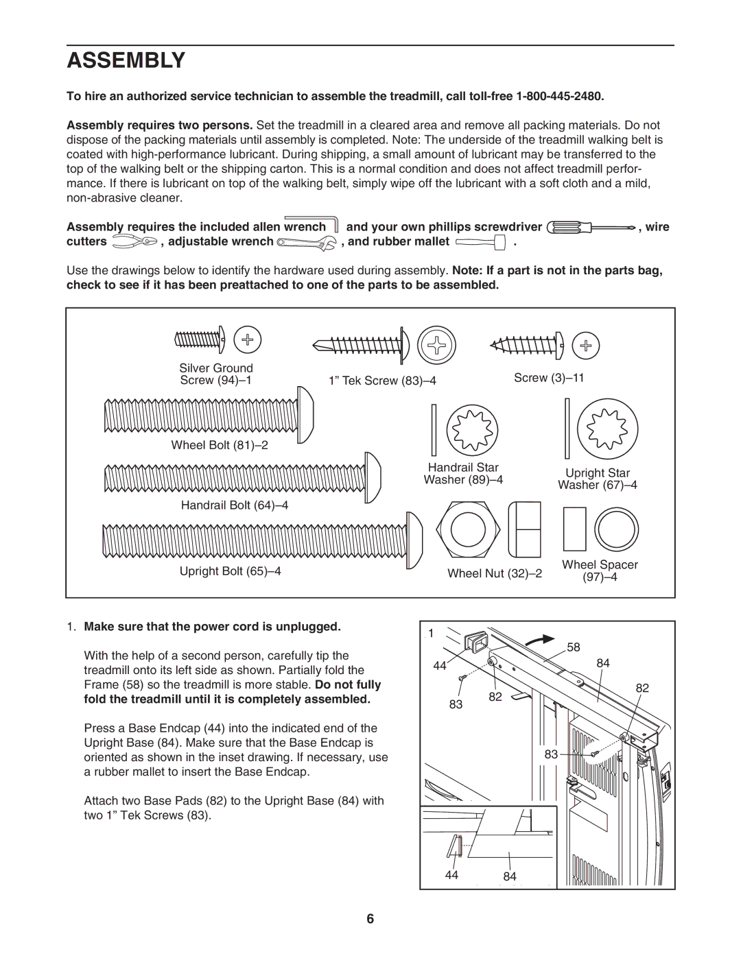 Image IMTL59105.0 user manual Assembly, Cutters Adjustable wrench Rubber mallet, Make sure that the power cord is unplugged 