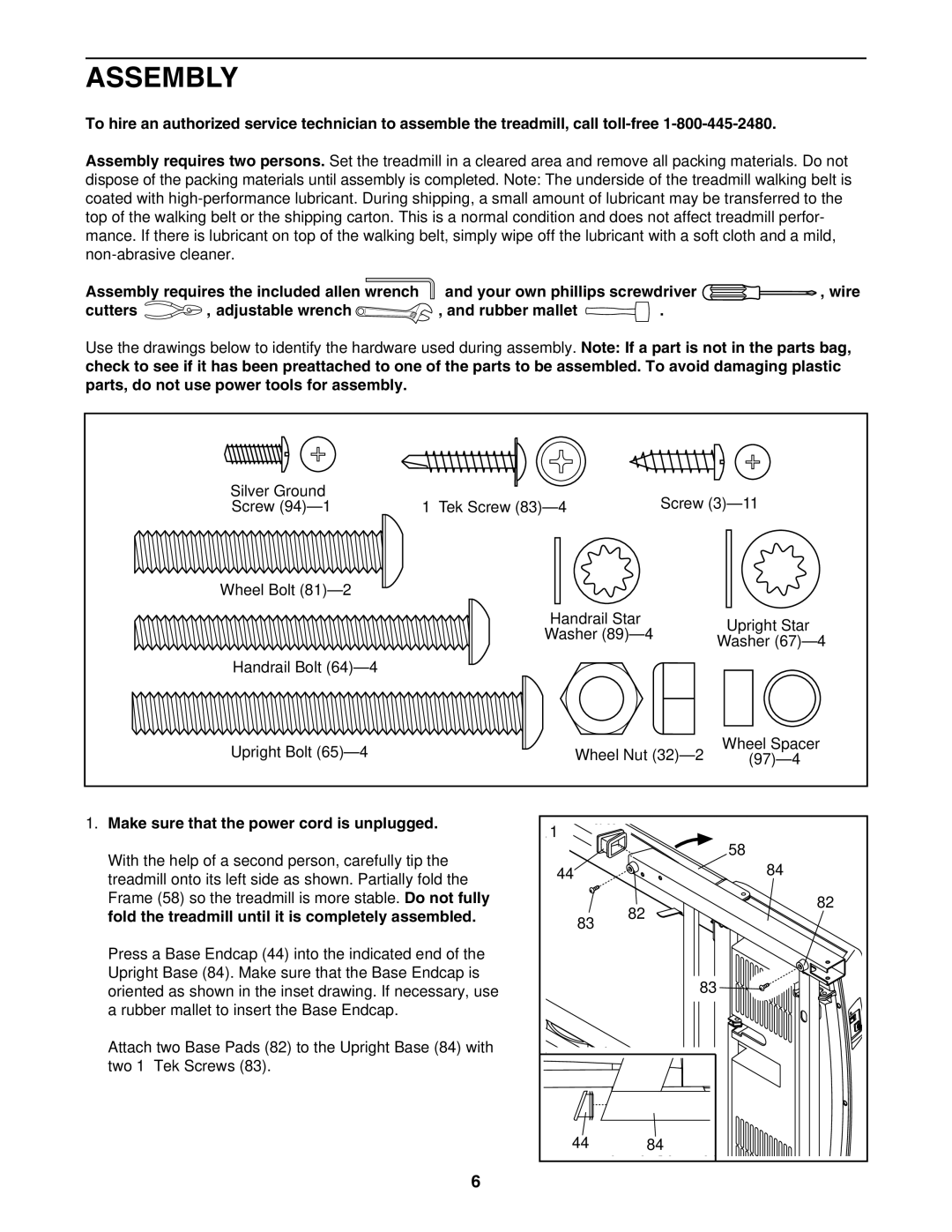 Image IMTL59105.1 user manual Assembly, Cutters Adjustable wrench Rubber mallet, Make sure that the power cord is unplugged 