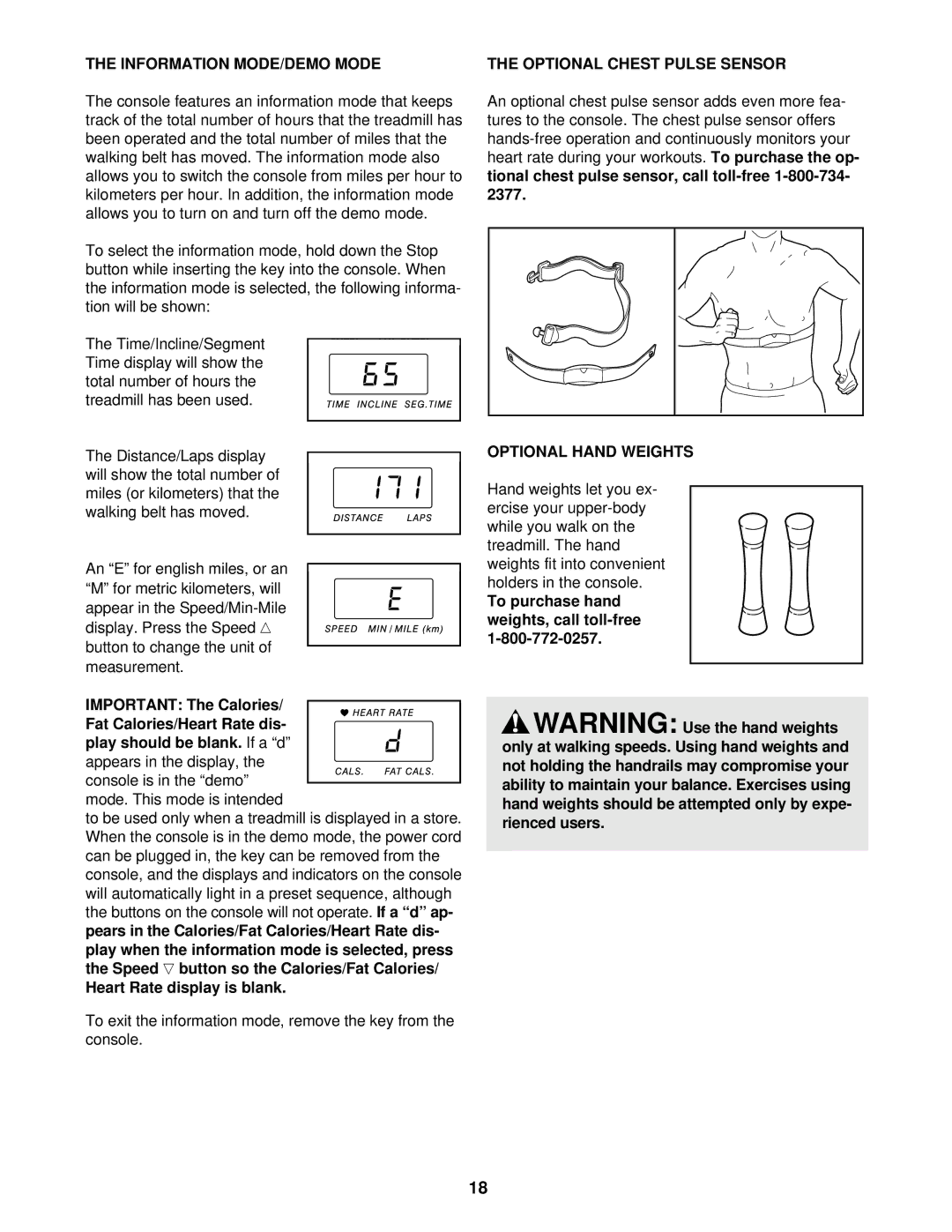 Image IMTL59610 user manual Information MODE/DEMO Mode, Optional Chest Pulse Sensor, Optional Hand Weights 