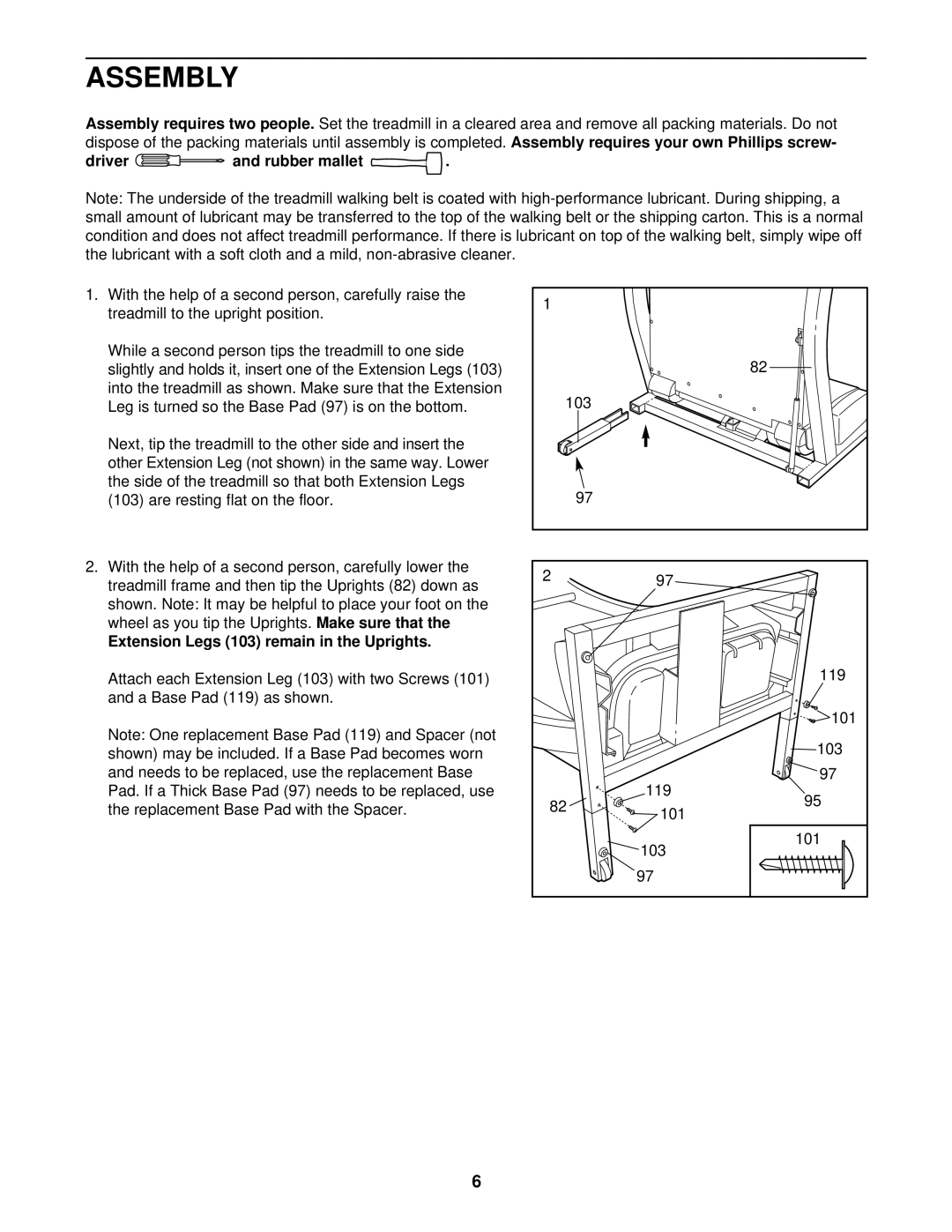 Image IMTL59610 user manual Assembly, Driver and rubber mallet, Extension Legs 103 remain in the Uprights 