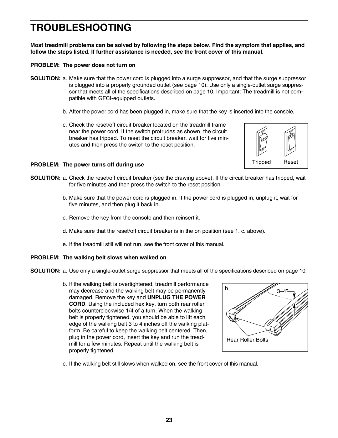 Image IMTL94106.0 Troubleshooting, Problem The power turns off during use, Problem The walking belt slows when walked on 