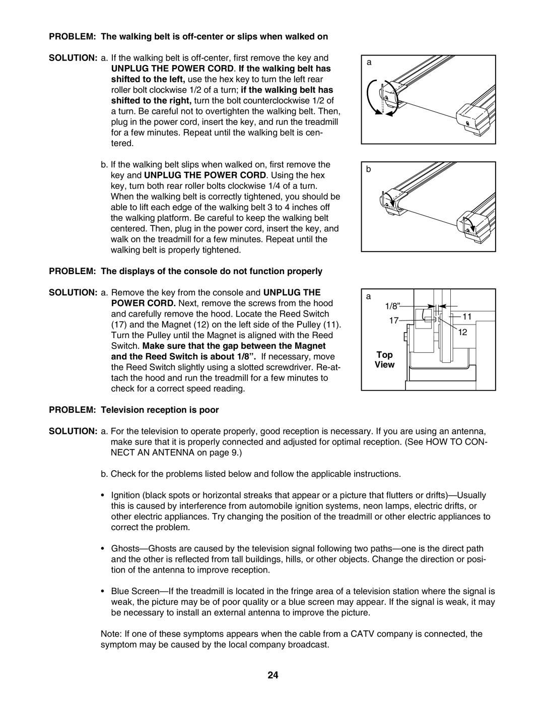 Image IMTL94106.0 user manual Unplug the Power CORD. If the walking belt has, View, Problem Television reception is poor 