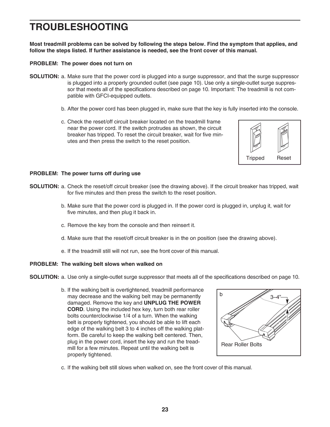 Image IMTL94106.2 Troubleshooting, Problem The power turns off during use, Problem The walking belt slows when walked on 