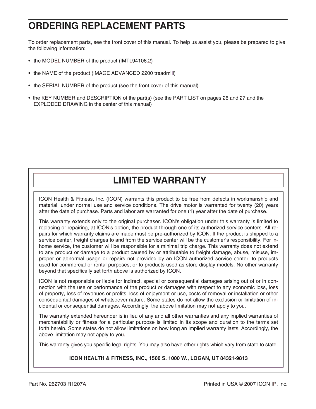 Image IMTL94106.2 Ordering Replacement Parts, Limited Warranty, Icon Health & FITNESS, INC., 1500 S W., LOGAN, UT 