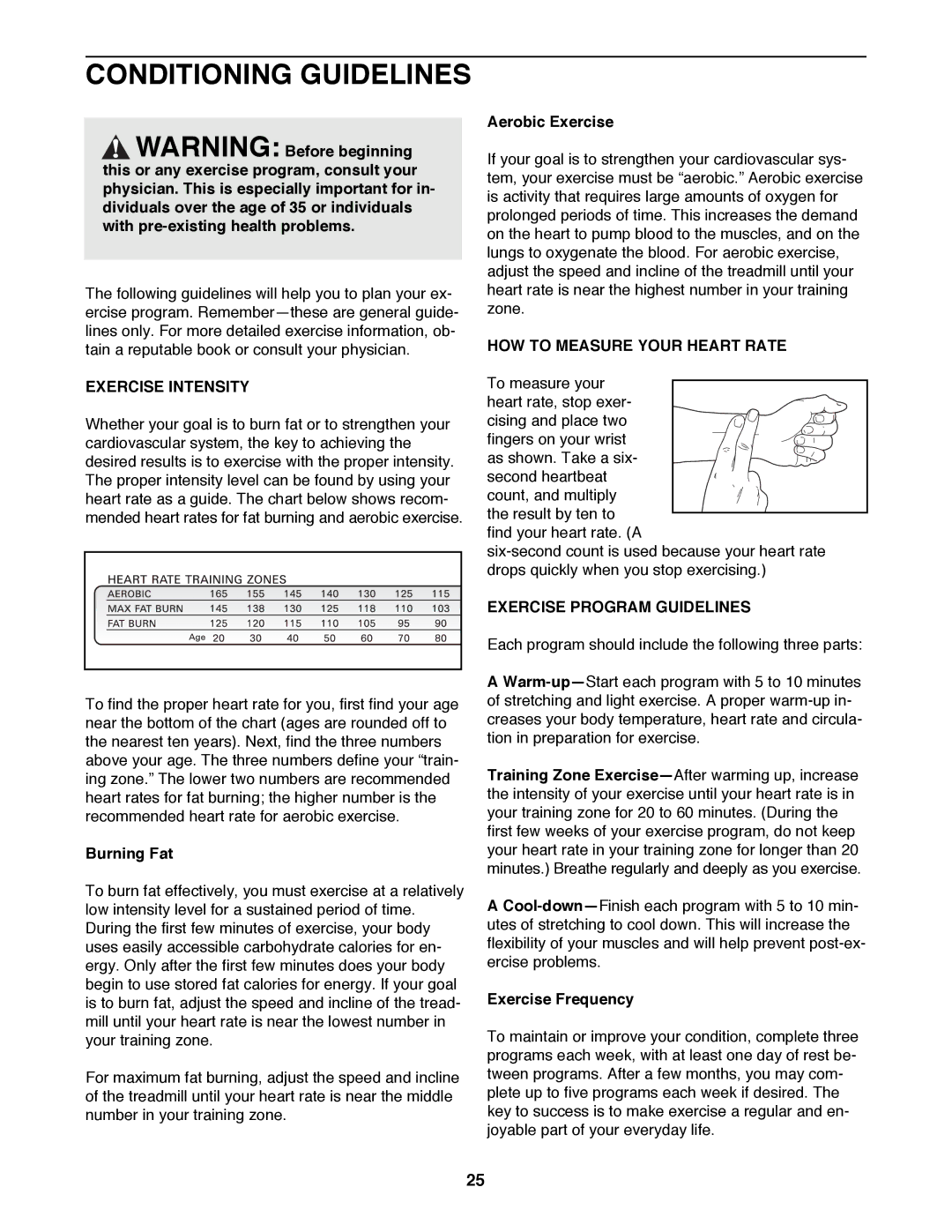 Image IMTL99000 Conditioning Guidelines, Exercise Intensity, HOW to Measure Your Heart Rate, Exercise Program Guidelines 