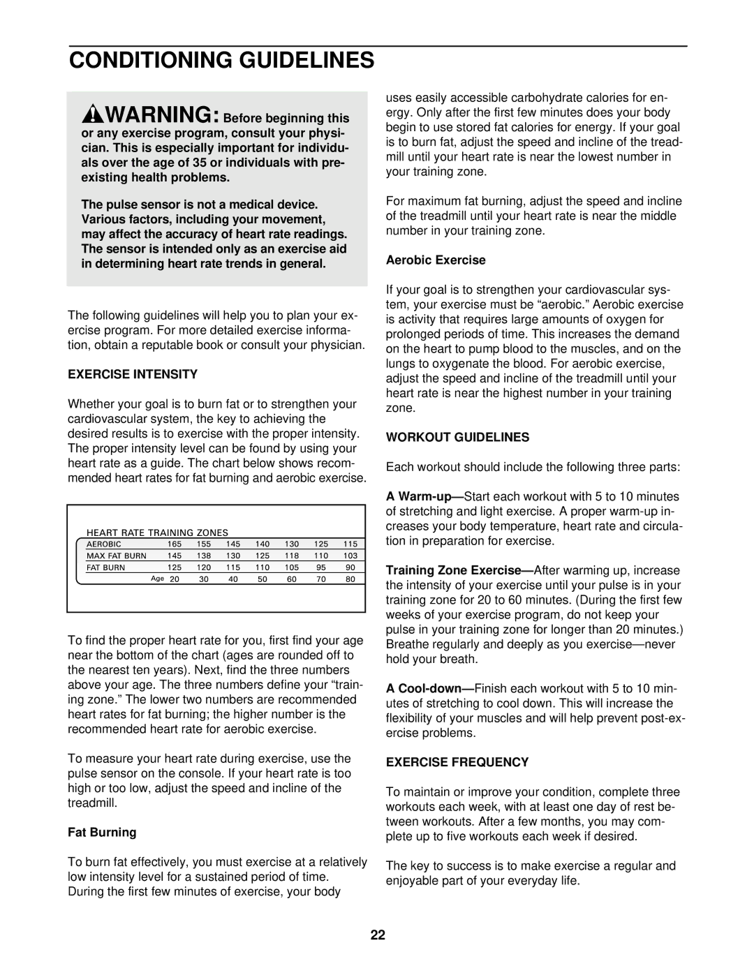 Image IMTL99600 user manual Conditioning Guidelines, Exercise Intensity, Workout Guidelines, Exercise Frequency 