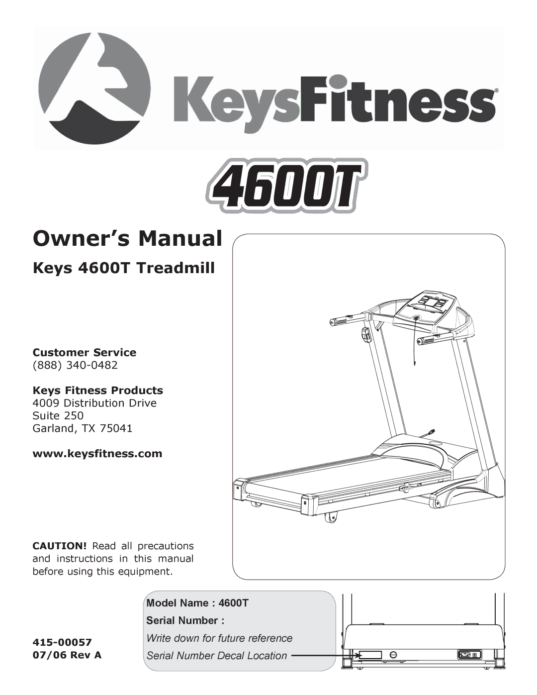 Image owner manual Keys 4600T Treadmill 