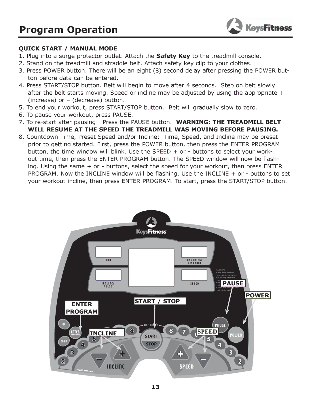 Image Keys 4600T owner manual Program Operation, Quick Start / Manual Mode, Enter Program Start / Stop Pause Power Incline 