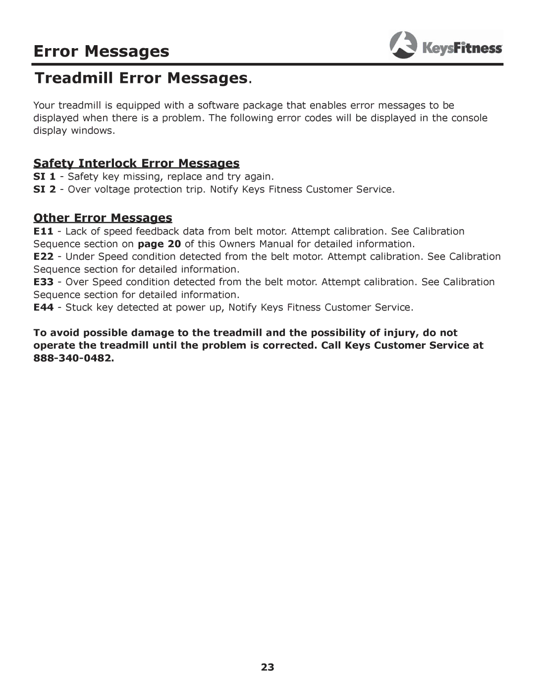 Image Keys 4600T owner manual Treadmill Error Messages 