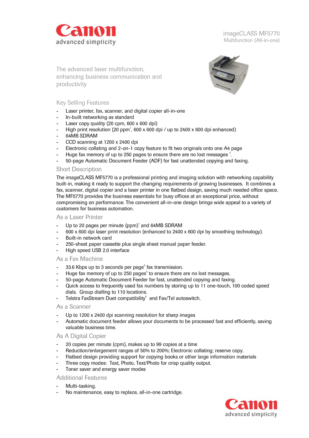 Image MF5770 manual Short Description, As a Laser Printer, As a Fax Machine, As a Scanner, As a Digital Copier 