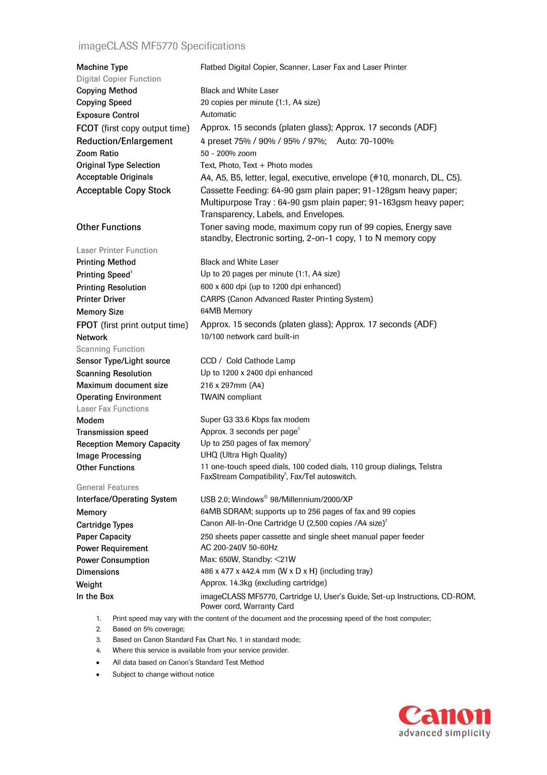 Image manual ImageCLASS MF5770 Specifications, Fcot first copy output time, Fpot first print output time 