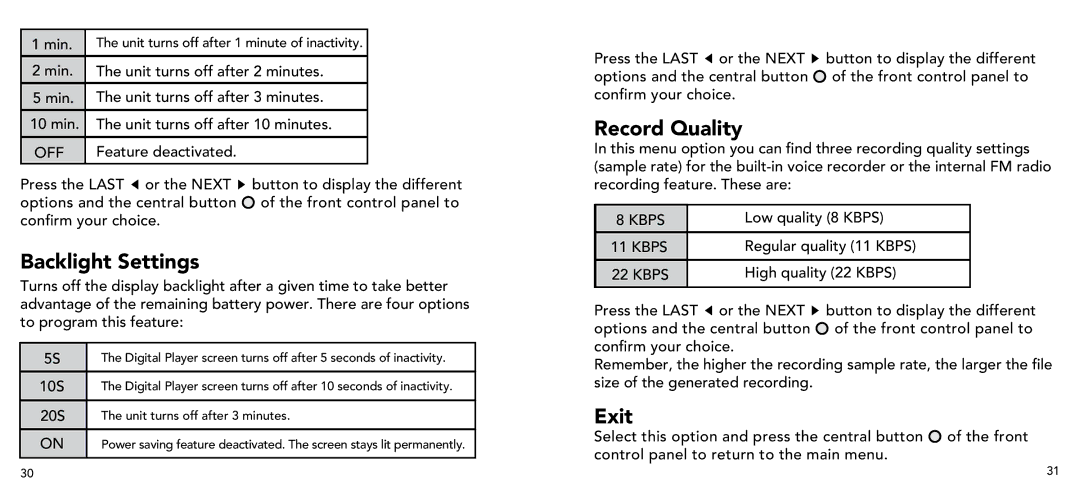 Imation 3503 user manual Record Quality, Backlight Settings, Exit 