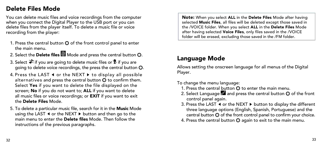 Imation 3503 user manual Delete Files Mode, Language Mode 