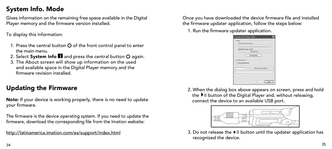 Imation 3503 user manual System Info. Mode, Updating the Firmware 