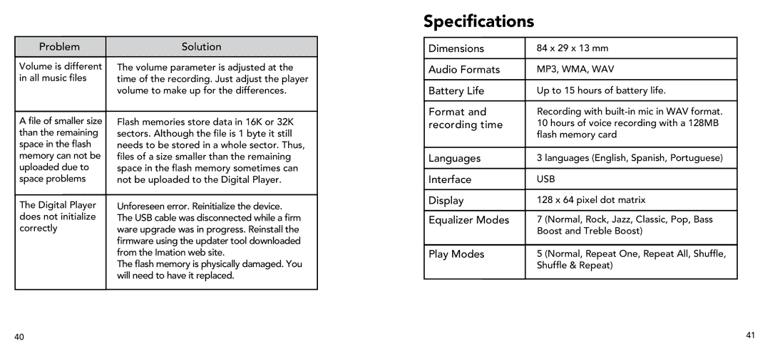 Imation 3503 user manual Specifications 