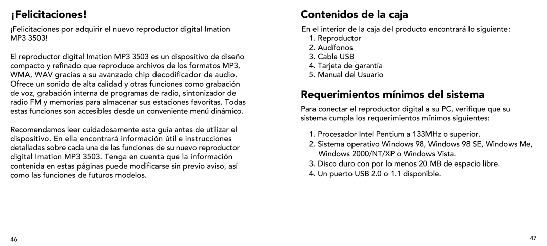 Imation 3503 user manual ¡Felicitaciones, Contenidos de la caja, Requerimientos mínimos del sistema 