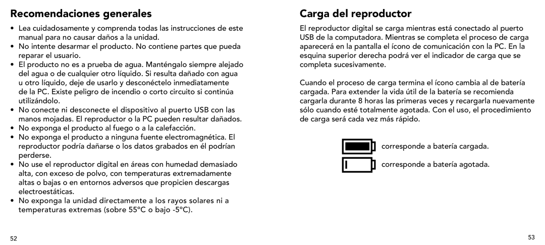 Imation 3503 user manual Recomendaciones generales, Carga del reproductor 