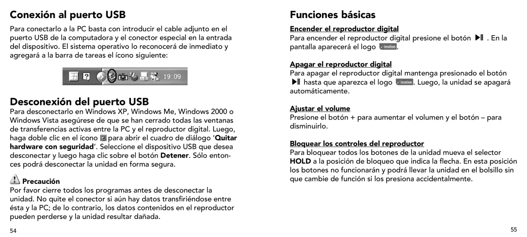 Imation 3503 user manual Conexión al puerto USB, Desconexión del puerto USB, Funciones básicas 