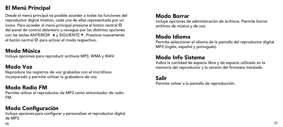 Imation 3503 El Menú Principal, Modo Música, Modo Voz, Modo Radio FM, Modo Configuración, Modo Borrar, Modo Idioma, Salir 