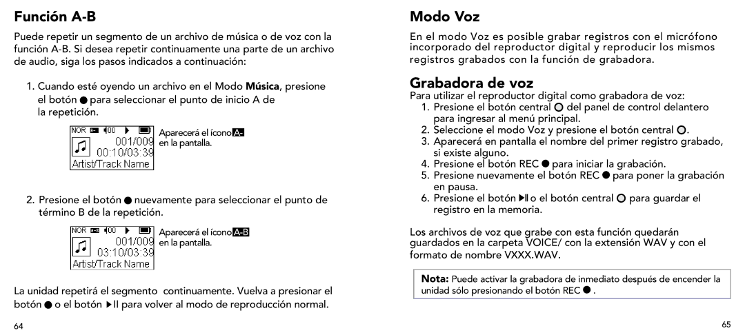 Imation 3503 user manual Función A-B, Grabadora de voz 