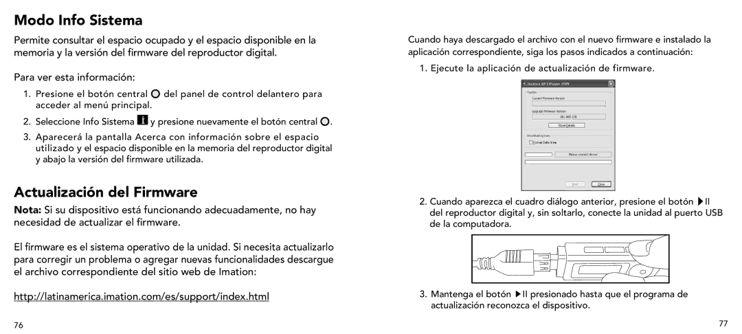 Imation 3503 user manual Modo Info Sistema, Actualización del Firmware 