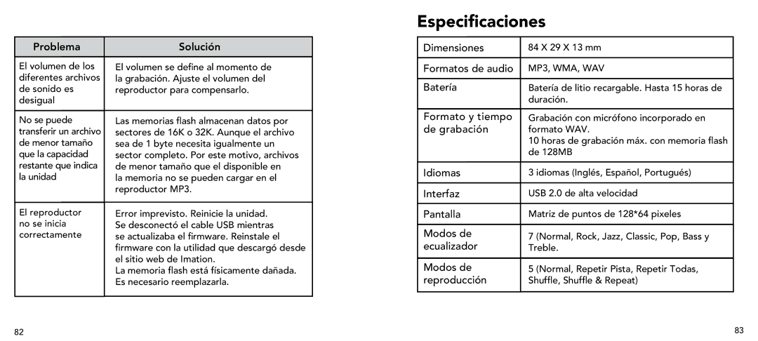 Imation 3503 user manual Especificaciones 