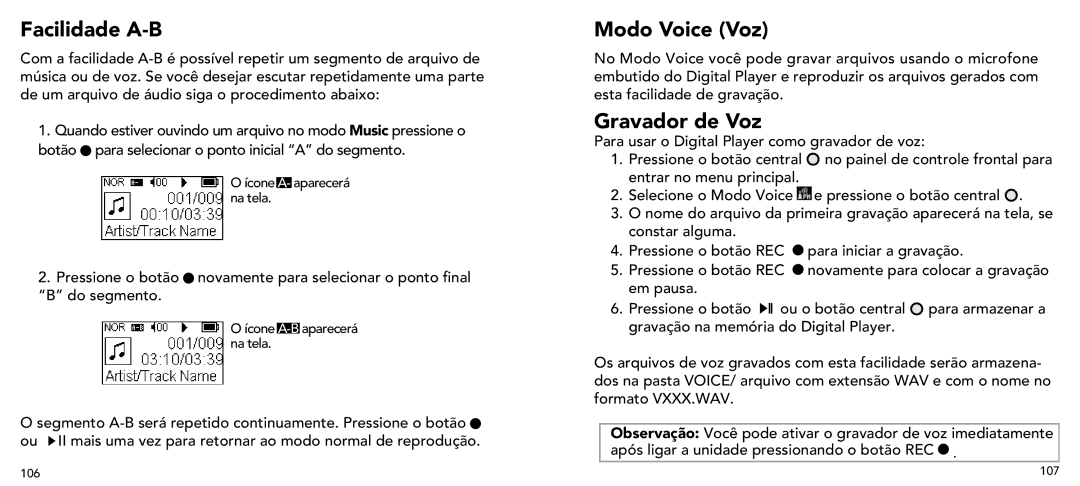 Imation 3503 user manual Facilidade A-B, Modo Voice Voz, Gravador de Voz 