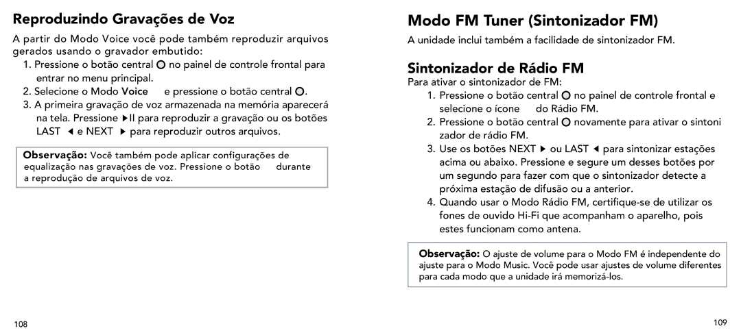 Imation 3503 user manual Reproduzindo Gravações de Voz, Sintonizador de Rádio FM 