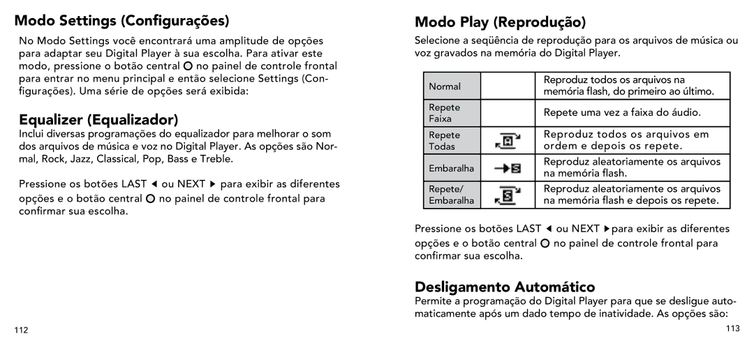 Imation 3503 user manual Modo Settings Configurações, Equalizer Equalizador, Modo Play Reprodução, Desligamento Automático 