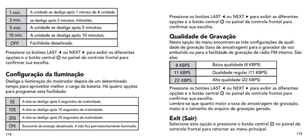 Imation 3503 user manual Configuração da Iluminação, Qualidade de Gravação, Exit Sair 