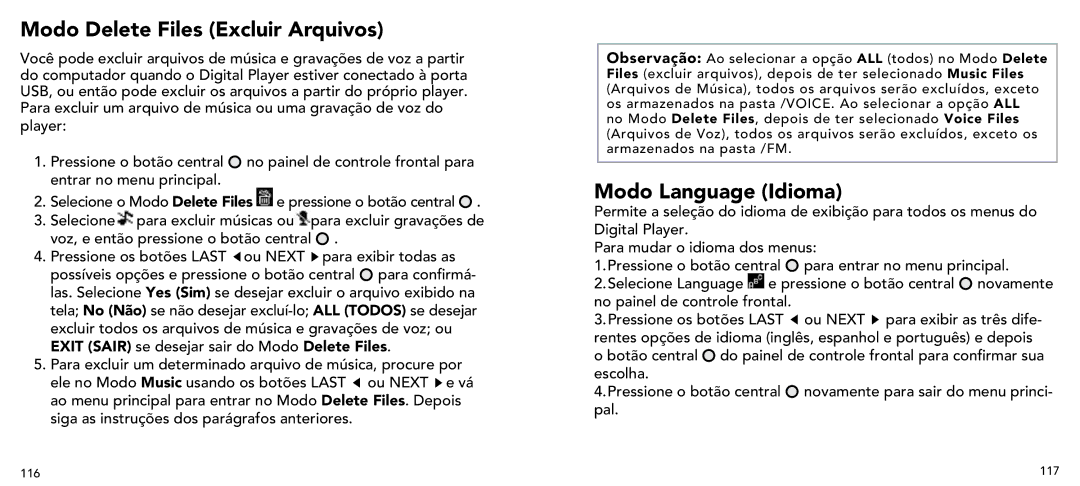 Imation 3503 user manual Modo Delete Files Excluir Arquivos, Modo Language Idioma 