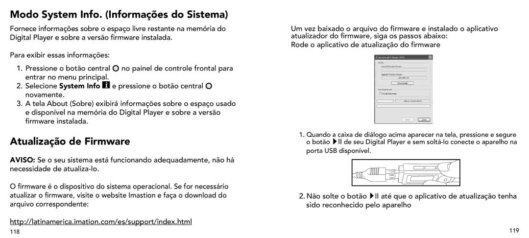 Imation 3503 user manual Modo System Info. Informações do Sistema, Atualização de Firmware 