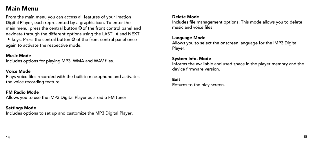 Imation 3503 user manual Main Menu, Voice Mode 